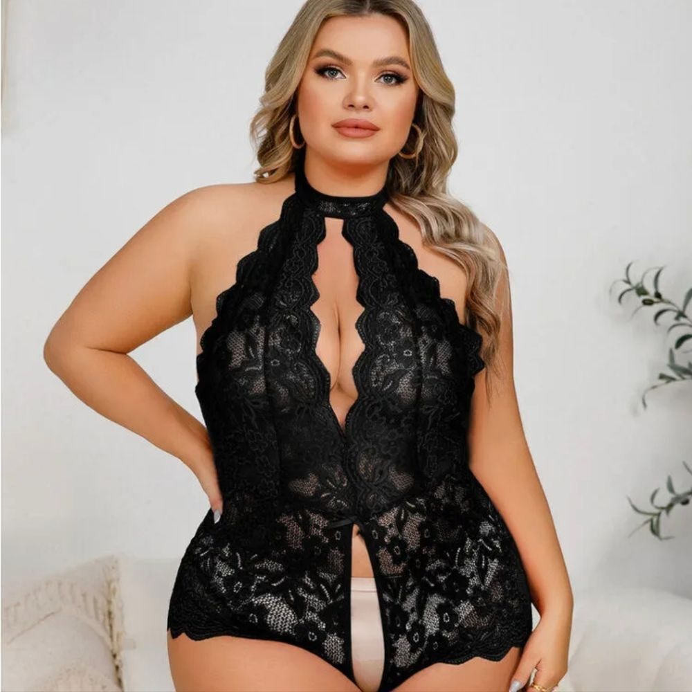 Female See Through Lingerie One Piece Lace Open Crotch Bodysuit Plus Size Womens